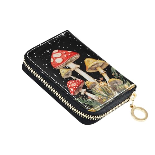 RFID Credit Card Holder Wallets Accordion for Women Leather Zipper Card Case Accordion Wallet for Ladies Girls (Mushrooms) - Main Image
