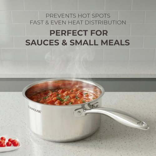 Image of Sunhouse: Stainless Steel Tri-Ply Saucepan - 2 Quart - Tempered Glass Lid, Whole Clad Premium 18 /8, Uncoated Pot, All Cooktops, Oven-Dishwasher Safe