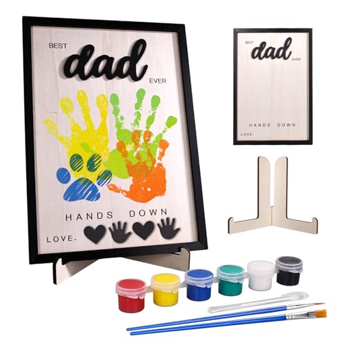 12 Hands Down Best Dad Ever Craft - Personalized Fathers Birthday Day Crafts for Kids Best Dad Ever Hands Down Sign Meaningful Wooden Handprint Kit for Family Keepsake with Paints & Accessories
