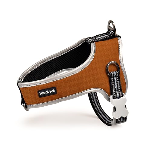 WanWeek 犬 ハーネス ドッグ トレーニングアドバイザー 獣医師 W監修 簡単 装着 ワンタッチ バックル 気管虚脱 優しい 夏 快適 メッシュ素材 夜間 反射 前後Dリング 可愛い 千鳥格子デザイン (ブラウン, L)