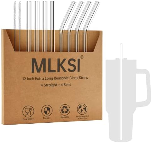 MLKSI Replacement Glass Straws for Stanley Cup Accessories, 8 Pack Reusable Straws with Cleaning Brush Compatible with Stanley 40oz Stanley Cup Stanley Water Jug