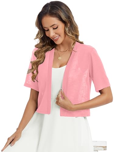Image of Heymoments Women's Thin Shrugs Short Sleeve Lightweight Cropped Tops Open Front Knitted Cardigan for Dress Summer Bolero
