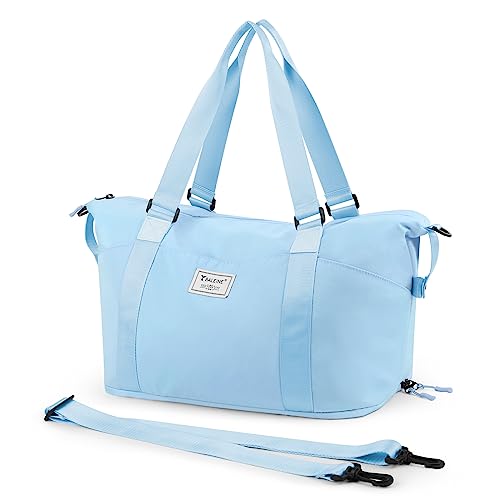 BALEINE Travel Tote Bag for Women, Weekender Carry-on Tote, Large Duffel Bag Gym Bag Overnight Bag with Wet Compartment Light Blue Expandable