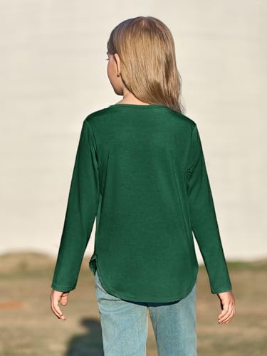 Image of Haloumoning Girls Long Sleeve T Shirts Kids Crewneck Tops 5-14 Years | Solid Color, Casual Loose Fit, Basic Tees, Curve Hem, Side Slit, Soft Tunic Tops, Fashion Clothes