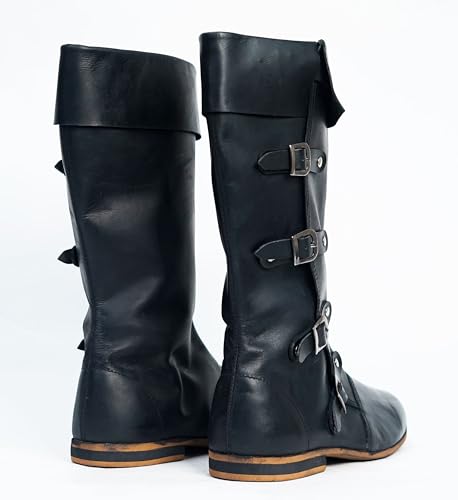 Medieval Leather Boots Mens Leather Shoes Black 4-Buckle Handmade Design Renaissance Design Fantasy SCA LARP Pirate Costume Reenactment Footwear Ren-Faire Footwear Cosplay Riding Shoes2