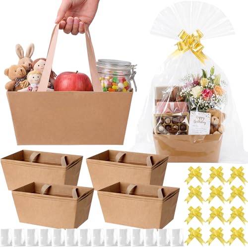 Funnymoom 12 Pcs Brown Empty Gift Baskets Bulk with Cellophane Bag & Pull Bow Wedding Gift Wrapping Basket for Spring Teacher Mother's Day Birthday Party Favor Supplies, 9.8x6.5''