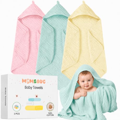 Image of 3-Pack Muslin Hooded Baby Towels, Light Green + Pink + Yellow, 35 inch X 35 inch | 100% Cotton, Ultra-Soft & Highly Absorbent ,Quick-Dry for Delicate Skin, For Babies, Toddler and Newborn