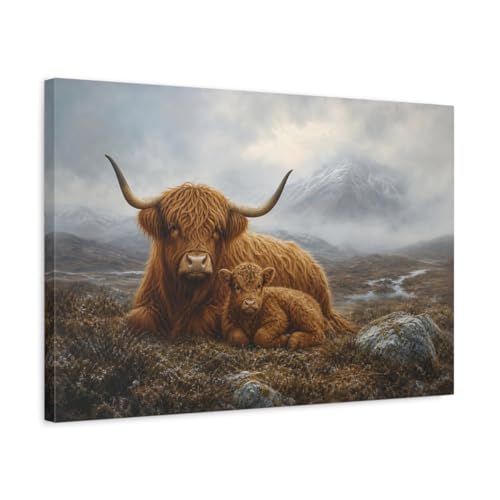 Impression sur toile vache d'Écosse horizontale 60x40 pour déco salon