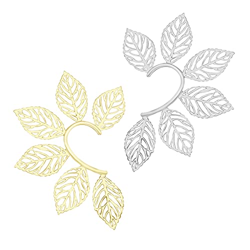 AKwell, Elf Ear Cuff Metal Leaf Wrap Earring Hollowed Hair Clip Flower Leaf Cosplay Fairy Ear Wrap Cuffs Earrings Wedding Jewelry Filigree Fairy Elven Fantasy Ear Cuffs, silver+gold, One Size