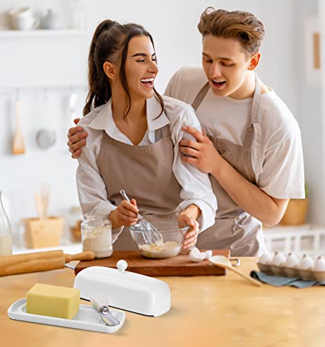 Nucookery Porcelain Butter Dishes with Lid and Handle for Countertop and Kitchen, 8inch Large Ceramic Dish with Raised Non-Slip Strip Easy to Clean Dishwasher Safe. White