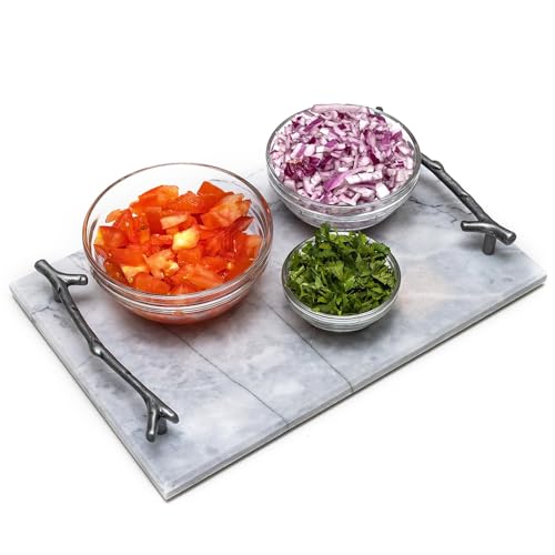 JIUSEGE Marble Serving Tray with Vintage Silver Metal Handles – 30 x 20 CM Decorative Food Tray for Snacks, Breakfast, Dinner, Coffee Table, Ottoman, Events & Home Decor