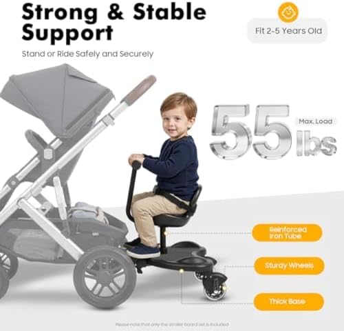 Adjustable Sit and Stand Stroller Ride Board with Removable Seat, Black - 4