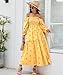 ABYOVRT Women Floral Embroidered Maxi Dress Long Puff Sleeve Square Neck Bohemian Flowy Dress with Pockets Summer Fall (Yellow,S)