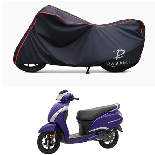 Image of Waterproof Bike Body Cover Compatible for | TVS Jupiter STD | Taffeta Fabric, Red Piping Design, Bottom Elastic Fit | Dustproof, Sun UV & Rain Protection for All Bikes