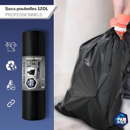 PAM-FOLIE Sacs Poubelle 120L Extra Épais et Résistants - 100µm - 70x110cm - Noirs - Pour Déchets de Chantier et Gravats - Professional – vue 4