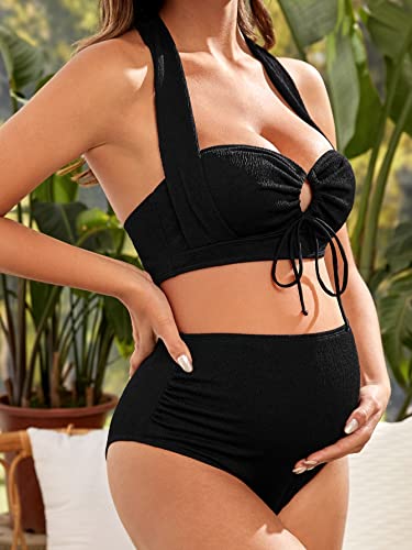 Wdirara Women's Maternity Cut Out Drawstring Ruched Halter Bikini Swimsuit Two Piece Bathing Suit Black S #TOP4