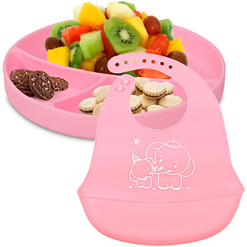 Conjunto Introdução Alimentar Prato de Silicone 3 DIvisórias Com Ventosa E Babador de Silicone Pega