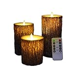 NICEME LED Pine Bark Flameless Candles with Remote Timer Set of 3 Real Wax Battery Operated Candles Flickering Moving Wick Electric Decorative Pillar Bark Candles, D3 x H4 5' 6'