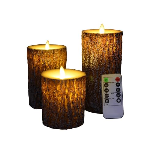 NICEME LED Pine Bark Flameless Candles with Remote Timer Set of 3 Real Wax Battery Operated Candles Flickering Moving Wick Electric Decorative Pillar Bark Candles, D3 x H4 5' 6'