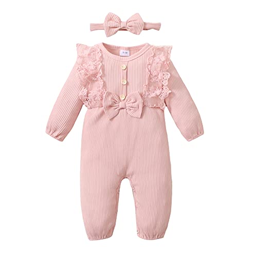 Image of SOLOYEE 0-3 Months Baby Girl Clothes Cute Long Sleeve One Piece Infant Romper with Headband