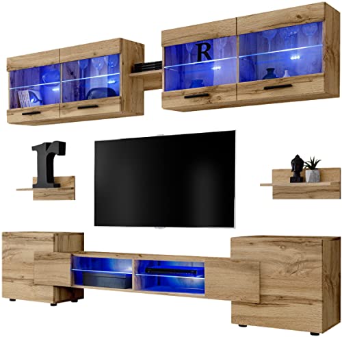 Extreme Furniture Vision Ensemble Meuble TV Mural de Salon | 2 vitrines suspendues, 3 étagères murales et 1 Meuble TV | RGB | Pratique de Rangement