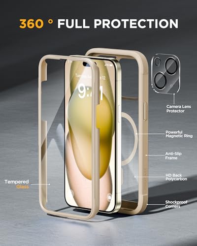 Image of Miracase Glass Series for iPhone 15 Case [Compatible with MagSafe] Full-Body Magnetic Bumper Case with Built-in 9H Tempered Glass Anti-Fingerprint Screen Protector + Camera Lens Protector, Beige