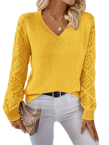 shownicer Pull Femme Chic Et Elegant Tricot Top Manche Longue Col en V Pullover Décontractés Couleur Unie Sweatshirts Automne Hiver A Jaune S