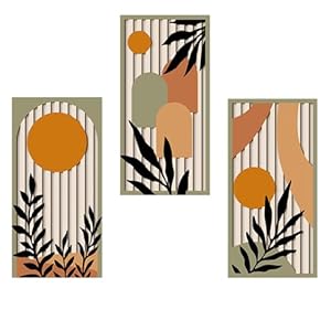 KiKiHong 3 Pieces Wooden Abstract Botanical Wall Art,15.74”x7.87” Modern Boho Plant Wood Framed Prints,Wood Wall Decor for Living Room Bedroom Office Home Decoration