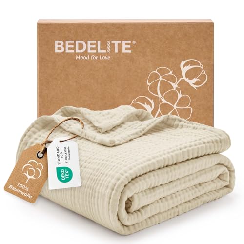 BEDELITE Musselin Decke 150 x 200 für Erwachsene - weiche & atmungsaktive Sommer Tagesdecke als Kuscheldecke aus Baumwolle Leichter Überwurf für Bett Sofa und Couch als Sommerdecke Beige 150x200