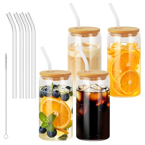 Nuangoo Set of 4 glass with lid and straw, 500 ml drinking glasses with lid, cocktail glasses, glasses set, for iced coffee glass, cocktails, latte, smoothie, whiskey