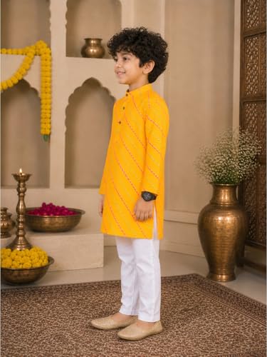 Image of superminis Cotton Boys Sanganeri Lehariya Printed Kurta Set with White Pyjama Elastic Closure