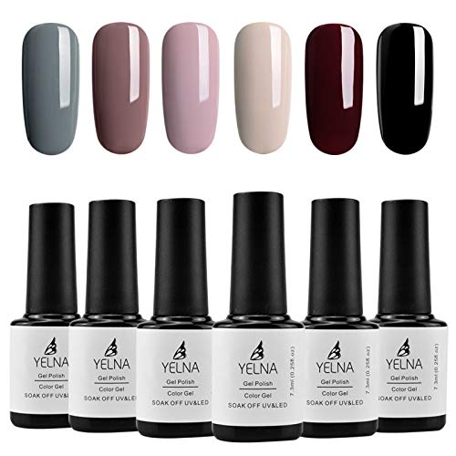 Yelna Nail Polish Set, 6 Colors 0.25 ounce/bottle, Nude Pink Brown Gray Black Wine Winter Color Vegan UV LED Gel Nail Polish, Gel Nail Kit for Salon, DIY at Home, Halloween