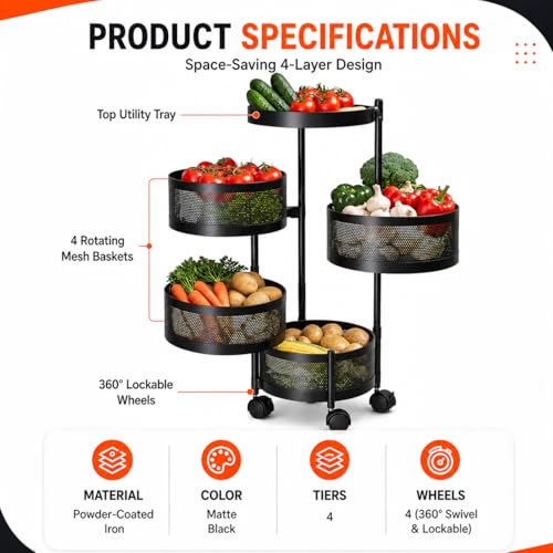 Image of Homeor 4 Layer Kitchen Trolley with Wheels | 360 Rotating Metal Storage Rack for Vegetables, Fruits, Onion & Spices | Square Multipurpose Kitchen Organizer Stand | Metal Kitchen Trolley, Matte Black
