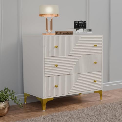Image of Chest of Drawers for Home, Bedroom & Living Room | Wooden 3 Drawer Storage Cabinet & Clothes Organizer Dresser with Textured Front & Metal Legs | HDMR Warm White Finish