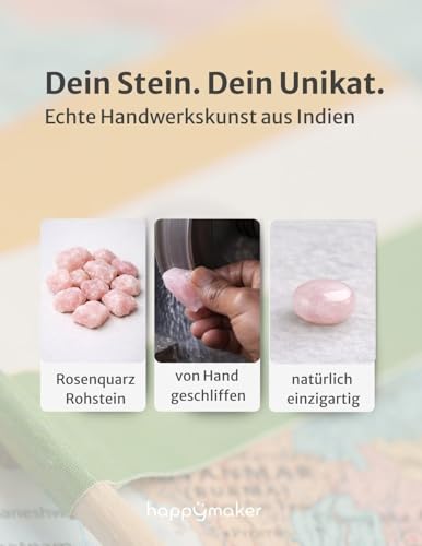 happymaker - Rosenquarz Armband Damen, handgemacht in Deutschland, Edelstein Armband rosa mit vergoldeten Perlen, Geschenkverpackung als Kraftgeber Geschenk für Frauen und Mädchen