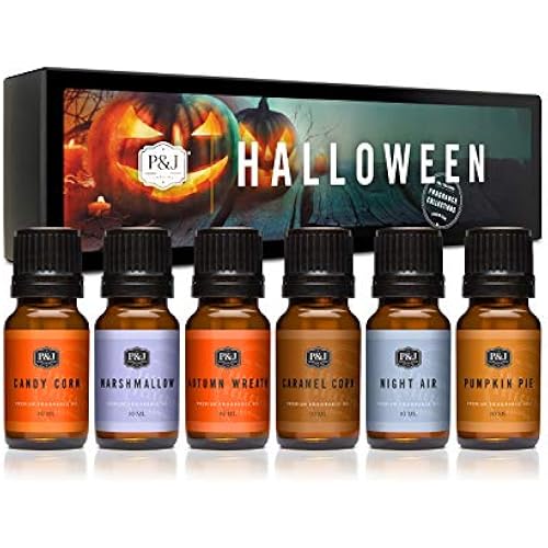 P&J Fragrance Oil Halloween Set | Autumn Wreath, Pumpkin Pie, Candy Corn, Marshmallow, Night Air, and Caramel Corn Candle Freshie Scent for Candle Making, Soap Making Supplies