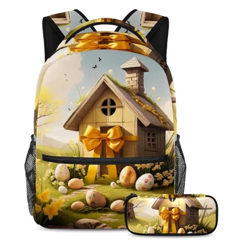 Ensemble de cartables 2 pièces avec sac à dos jaune maison de Pâques et trousse