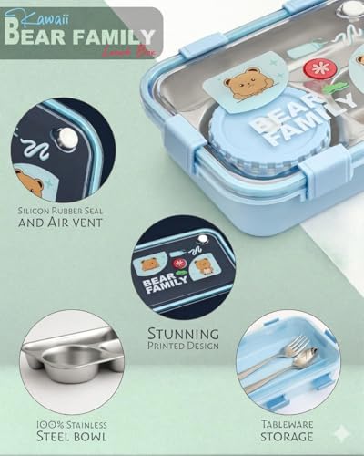 Image of KAVANA Lunch Box 3 Compartment Leak-Proof BPA Free Stainless Steel, Lunch Box for Kids, Lunch Box for School & Office with a Fork, a Spoon (Blue), 750 ml (Blue)