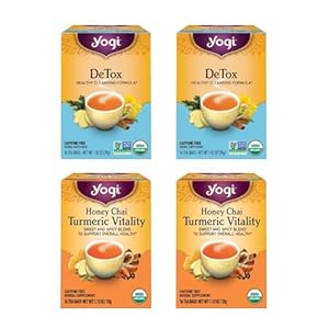 Yogi Tea DeTox and Wellness Variety Pack 4pk – 16 Tea Bags per Pack (4 Pack) – Organic Herbal Cleansing Teas – Includes (2 Boxes Each) of Honey Chai Turmeric Vitality & DeTox – Caffeine-Free Teas