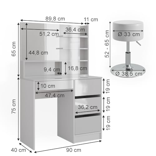 Vicco Tavolo Da Toeletta Bianco 40 Cm Con Sgabello - 3