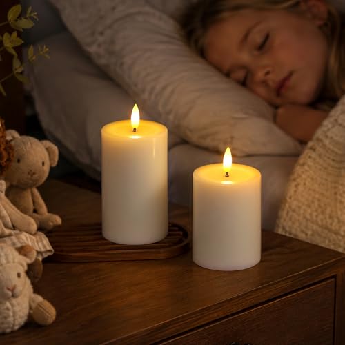 Image of Yeelida Remote Flameless Flickering Pillar Candles with Candle Grease Effect,Pack of 3 White LED Battery Oprated 2 /4 /6 /8 Hours Timer Real Wax Electric Candles(3x4,5,6 Inches)