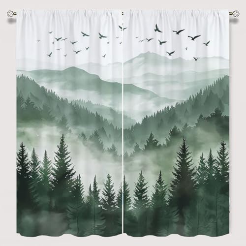 Fangpamz Green Forest Blackout Curtains for Kid Girls Boys Bedroom, Green Watercolor Forest Tree Silhouette Nature Landscape Rod Pocket Curtains for Bedroom Living Room W42xL63 Inch