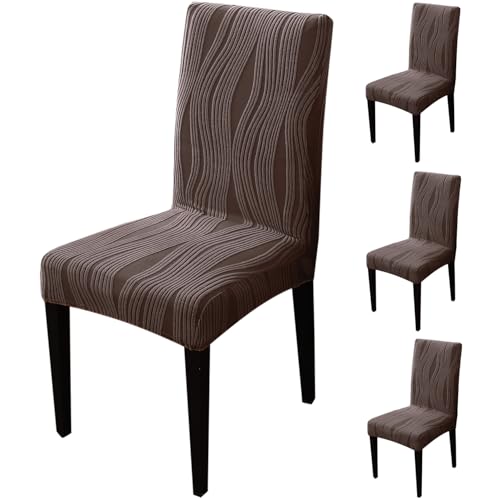 Image of HOKIPO 200 GSM Premium Knitting Jacquard Elastic Dining Table Chair Cover Set of 4, 'Nestiva Series' Chocolate Brown (AR-6072-BR)