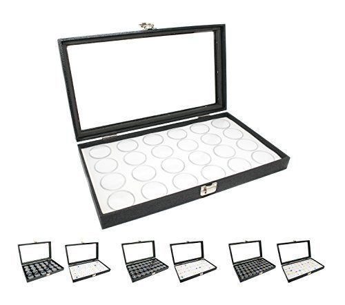 Novel Box Large Glass Top Black Leatherette Jewelry Display Case + 24 Count Jar Insert Tray in White + Custom NB Pouch