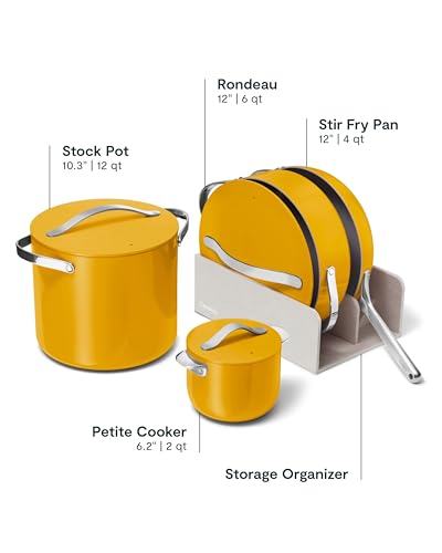 Image of Caraway 24-Piece Nonstick Ceramic Cookware Set - Includes Fry Pans, Sauce, Saute Pan, Dutch Oven, Petite Cooker, Stir Fry, Rondeau, Stock Pot, Lids & Storage Organizers - Marigold