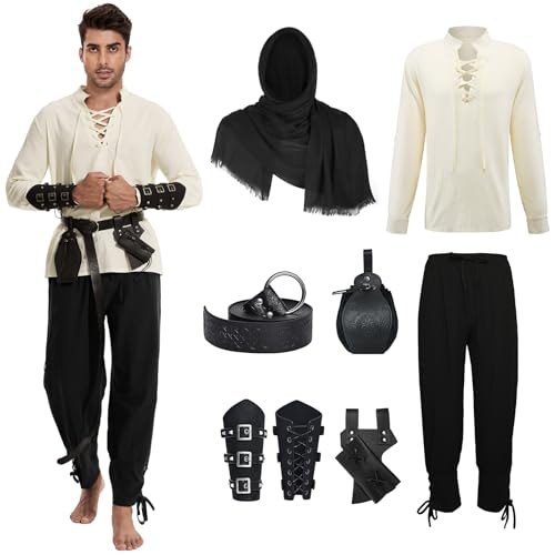 AJGEGJE Ropa medieval para hombre, 7 piezas, disfraz renacentista, disfraz medieval vikingo con camisa pirata, pantalones largos, cinturón, correa para la muñeca (negro, M) AJGEGJE Ropa medieval para hombre, 7 piezas, disfraz renacentista, disfraz medieval vikingo con camisa pirata, pantalones largos, cinturón, correa para la muñeca (negro, M)