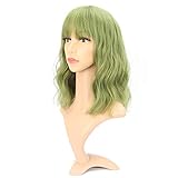 VCKOVCKO Natural Wavy Bob Wig With Air Bangs - Matcha Green, Shoulder Length, Curly Wavy Synthetic, Pastel Bob Wig for Girl (12')