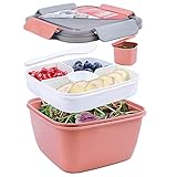 shopwithgreen Salatbehälter Lunch-Behälter Bento Box für Mittagessen, 3 Fächer für Salat und Snacks, Salatschüssel mit Dressingbehälter, Auslaufsicher, Mikrowellengeeignet 1500 ml Dunkel (Pink)