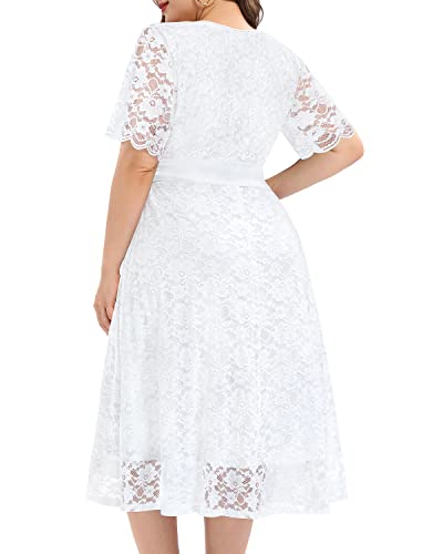 Women Plus Size White Dress Lace Bridal Shower Short Wedding Ivory Cocktail Semi Formal Courthouse V Neck Midi Dresses