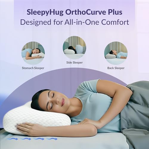 Image of SleepyHug OrthoCurve Plus Memory Foam Pillow | Soft Contouring Orthopedic Support for Neck & Spine | High-Density Pressure-Relief Foam | Breathable Soft Cover | 60x40x10 cm | White (Pack of 2)